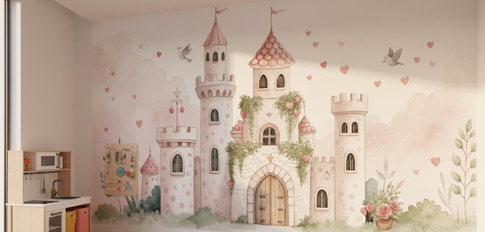 Pink Princess Castle Wallpaper Mural, Watercolor Fairy Tale Nursery ...