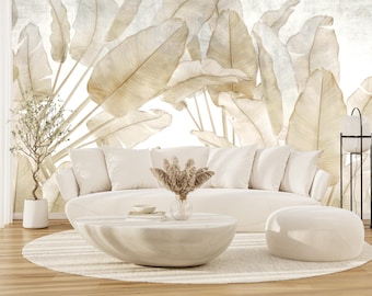 Beige Tropical Wallpaper, Banana Leaf Wall Mural, Botanical Wallpaper, Peel & Stick Boho Wall Decor