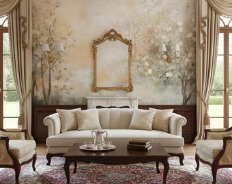 Watercolor Forest Mural, Pastel Misty Landscape Wallpaper, Soft Boho Peel and Stick Decor, Dreamy Nature Removable Wall Art