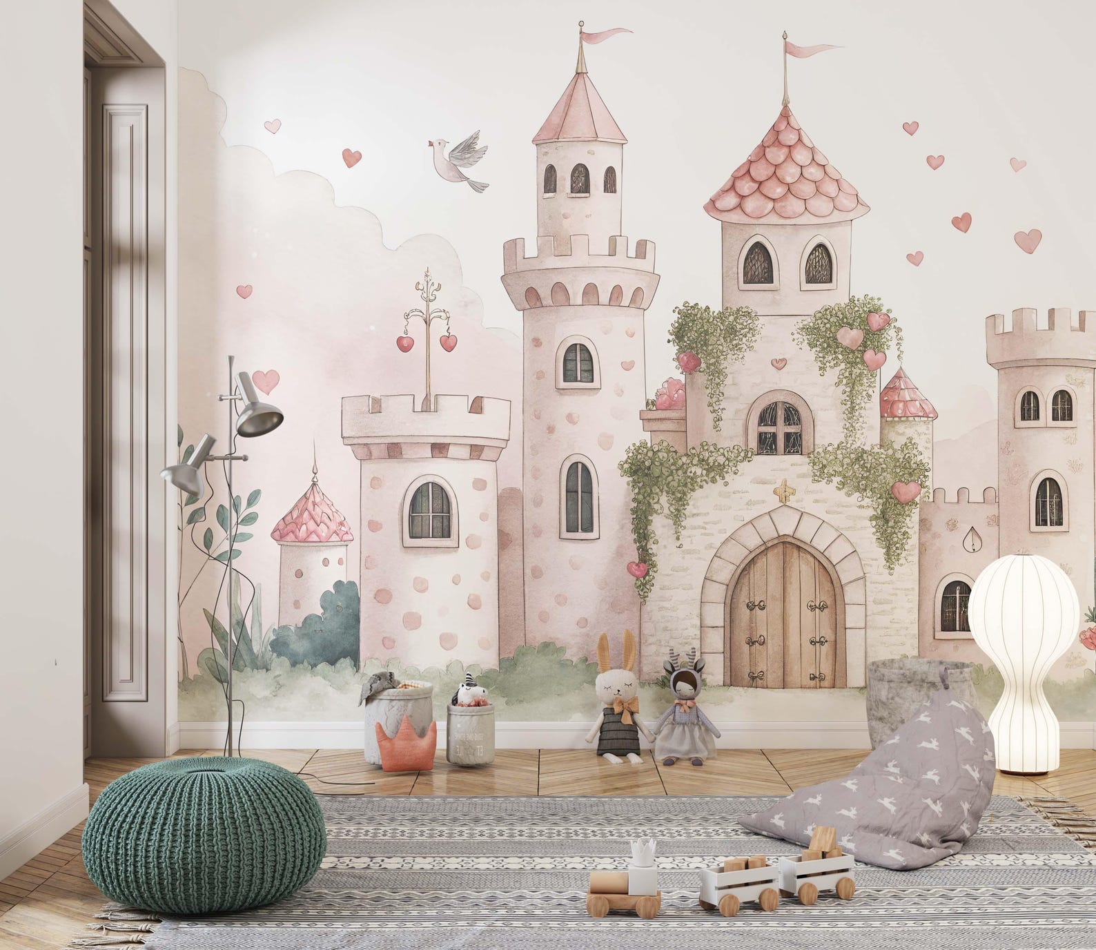 Pink Princess Castle Wallpaper Mural, Watercolor Fairy Tale Nursery ...