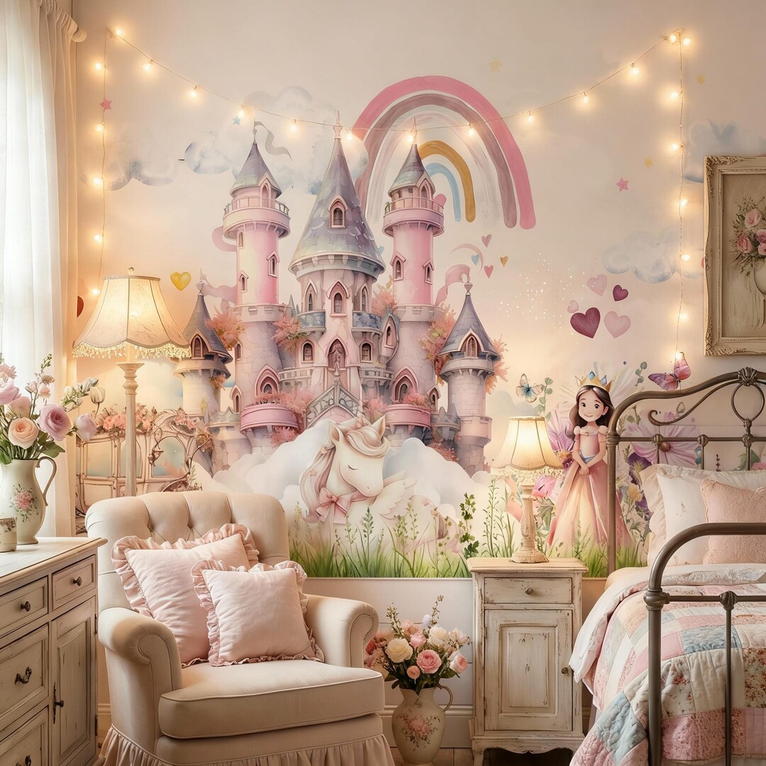 Pink Princess Castle Wallpaper Mural With Unicorn for Kids Spaces - Etsy