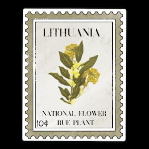 May include: A postage stamp design featuring the word "LITHUANIA" at the top. The stamp showcases a botanical illustration of the Rue plant, the national flower, with yellow blossoms and green leaves. The stamp also includes the text "NATIONAL FLOWER" and "10¢ RUE PLANT".