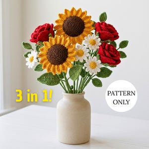 Bundel gehaakt bloemboeketpatroon, amigurumi-patronen zonnebloem, roos en madeliefje, digitale download pdf