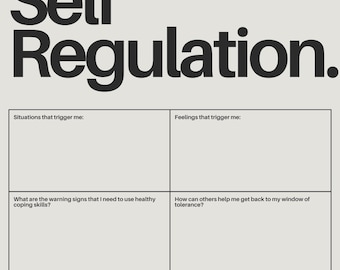 May include: A beige worksheet titled "Self Regulation" with black text. It includes prompts for self-reflection, such as identifying triggers, warning signs, and coping skills. The worksheet is designed to promote emotional awareness and management.