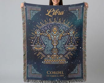 Personalized Libra Zodiac Woven Blanket Astrology Gift Custom Throw