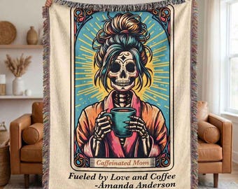 Personalized Caffeinated Coffee Mom Tarot Card Woven Blanket Custom Gift Throw