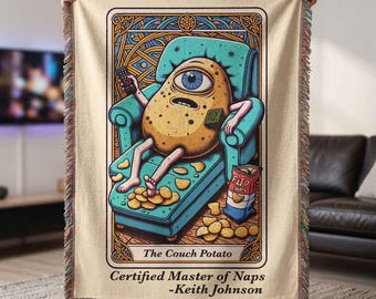 Personalized Couch Potato Tarot Card Woven Blanket Custom Lazy Day Gift Throw