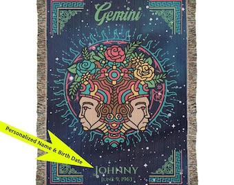 Personalized Gemini Zodiac Woven Blanket Astrology Gift Custom Throw