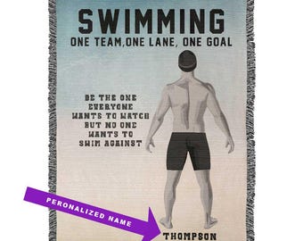 Personalized Boys Swimming Woven Blanket Custom Swimmer Gift Throw