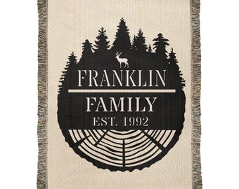 Personalized Tree Rings Family Name Monogram Woven Blanket Throw – Custom Home Gift