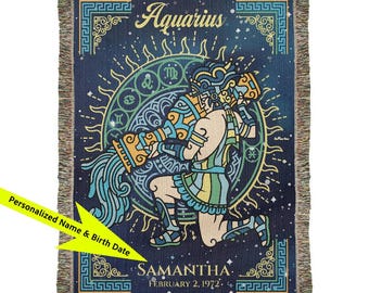 Personalized Aquarius Zodiac Woven Blanket Astrology Gift Custom Throw