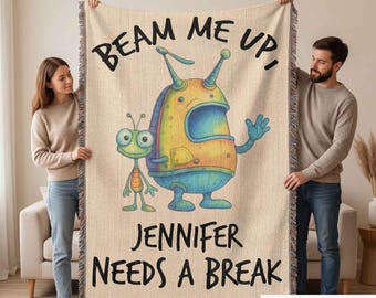 Personalized Alien “Beam Me Up” Woven Blanket Custom Funny Gift Throw