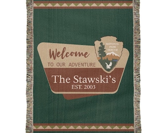 Personalized National Park Camping Woven Blanket Custom Family Adventure Throw