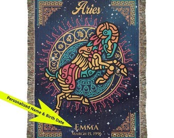 Personalized Aries Zodiac Woven Blanket Astrology Gift Custom Throw