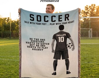 Personalized Boys Soccer Woven Blanket Custom Soccer Gift Throw