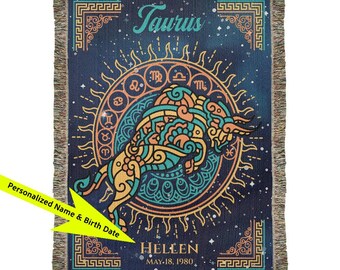 Personalized Taurus Zodiac Woven Blanket Astrology Gift Custom Throw