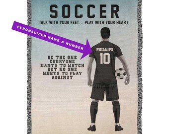 Personalized Boys Soccer Woven Blanket Custom Soccer Gift Throw