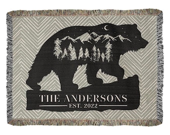 Personalized Grizzly Bear Blanket – Custom Monogram Family Name Throw Gift