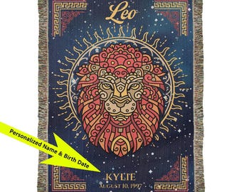 Personalized Leo Zodiac Woven Blanket Astrology Gift Custom Throw