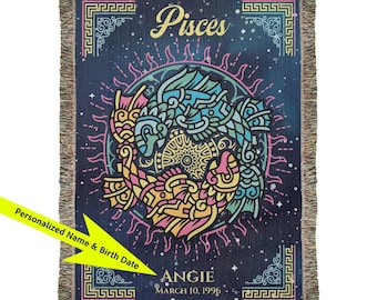 Personalized Pisces Zodiac Woven Blanket Astrology Gift Custom Throw