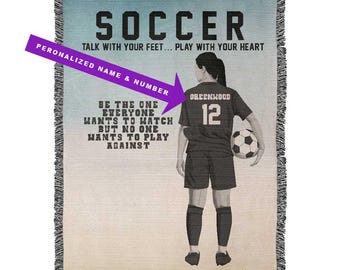 Personalized Girls Soccer Woven Blanket Custom Soccer Gift Throw