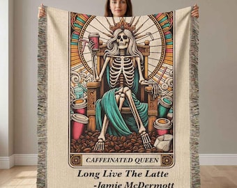 Personalized Caffeinated Coffee Queen Tarot Card Woven Blanket Custom Gift Throw