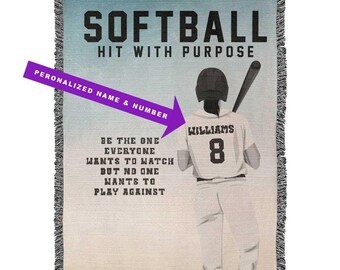 Personalized Girls Softball Woven Blanket Custom Softball Gift Throw