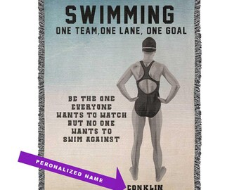 Personalized Girls Swimming Woven Blanket Custom Swimmer Gift Throw