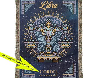 Personalized Libra Zodiac Woven Blanket Astrology Gift Custom Throw