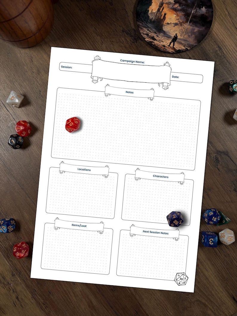 Puede incluir: Un papel blanco con cuadr&iacute;cula de puntos para juegos de rol de mesa, con secciones para el nombre de la campa&ntilde;a, notas, ubicaciones, personajes, elementos y notas de la pr&oacute;xima sesi&oacute;n. Varios dados de varios colores est&aacute;n dispersos.