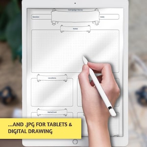 Puede incluir: Una tableta blanca que muestra un dise&ntilde;o de planificador digital con secciones para sesi&oacute;n, nombre de la campa&ntilde;a, notas, ubicaciones, objetos/bot&iacute;n y fecha. El texto dice "...AND .JPG FOR TABLETS & DIGITAL DRAWING". Una mano sostiene un l&aacute;piz &oacute;ptico blanco sobre la pantalla. El logotipo de Drunken Druid est&aacute; en la parte inferior.