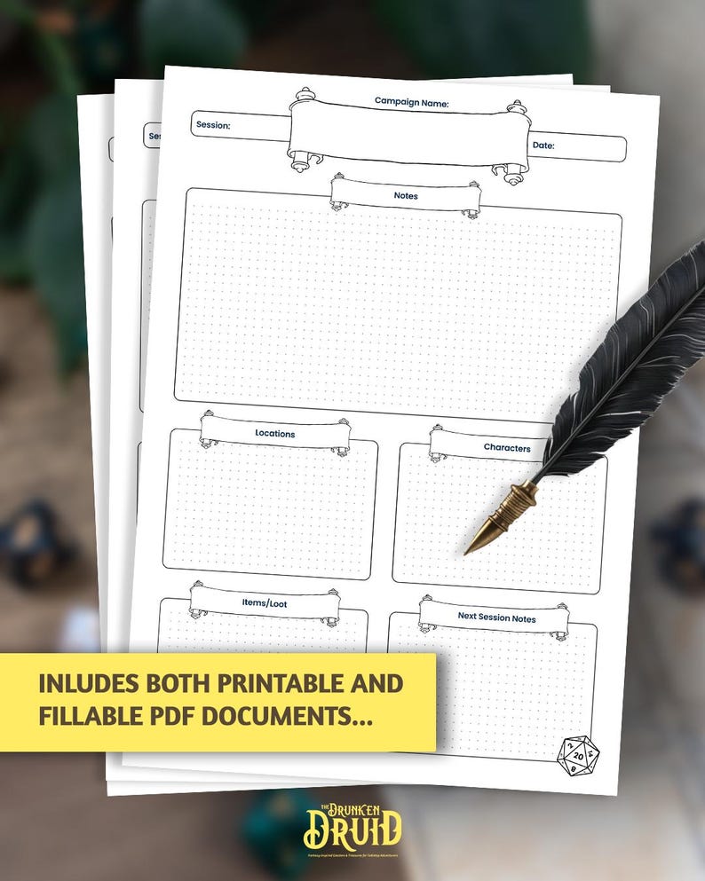 Puede incluir: Documento PDF imprimible blanco con cuadr&iacute;cula punteada, secciones para notas, ubicaciones, personajes y elementos. Incluye una pluma y el texto "INLUDES BOTH PRINTABLE AND FILLABLE PDF DOCUMENTS..." y el logotipo "The Drunken Druid".