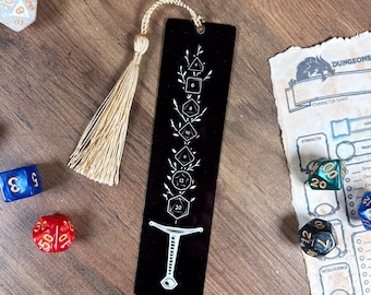 Marcapáginas de espada con dados de D&D – Marcapáginas de metal fantástico para juegos de rol con borla para jugadores de mesa