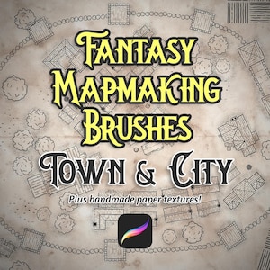 May include: A digital art graphic with the text "FANTASY MAPMAKING BRUSHES TOWN & CITY" in yellow and black. The image features a map-like design with illustrations of buildings, trees, and a Procreate app icon. The background has a textured, aged paper appearance.