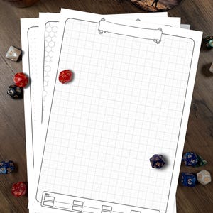 May include: White grid-lined paper sheets for tabletop role-playing games. The sheets have a banner at the top and a key section at the bottom. Various multi-sided dice in red, blue, and white are scattered around the paper.