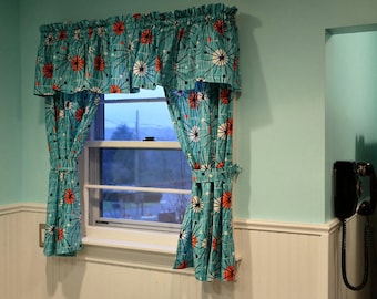 valance or panel retro look turquoise atomic print eames style 12 14 18 24 32 lined or unlined - Retro Curtains valance or panel retro look turquoise atomic print eames style 12 14 18 24 32 lined or unlined - Retro Curtains