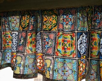 MEXICAN Fiesta TILE Print Valance or Panel NO top Ruffle Version 40 x 14" 18" 24" or 32" Lined or unlined