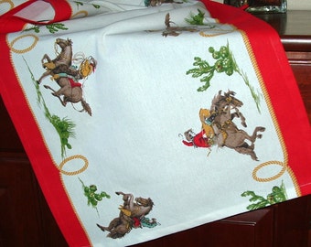 COWBOY Print Table  RUNNER 52" x 17" with  Red Border 100& Cotton