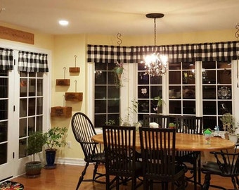 52" wide  Black and White  Buffalo Plaid Valance or Panel Cotton Print 52" X  14" Lined or Unlined