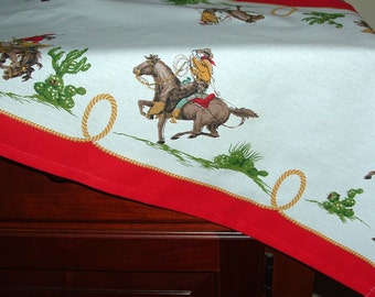 COWBOY Print Table  RUNNER 52" x 17" with  Red Border 100& Cotton