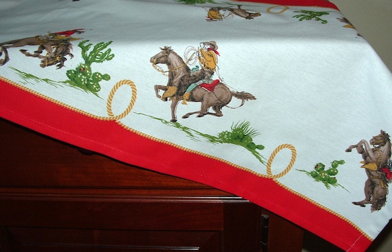 COWBOY Print Table RUNNER 52" x 17" with Red Border 100& Cotton