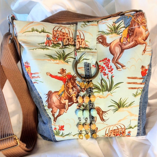 Upcycled large Denim crossbody bag Cowboy and Horses Bead Trimmed