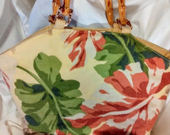 A bit of this & that Tropical leaf print "SAMPLER" New Purse Bamboo handles