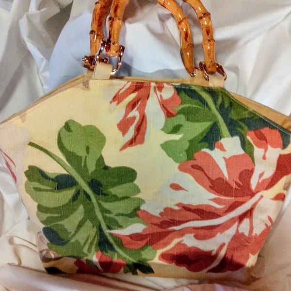 A bit of this & that Tropical leaf print "SAMPLER" New Purse Bamboo handles