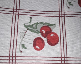 CHERRY on Cream Cottage Core Valance Cotton 52 x 13   Retro KITCHEN 1940s Tablecloth Look Print