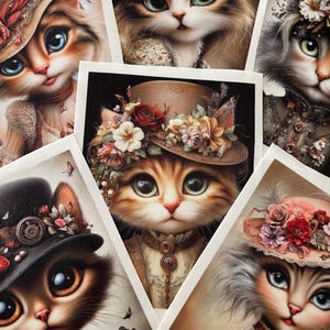 Peut inclure: Plusieurs tirages d'art présentant des portraits détaillés de chats portant des chapeaux et des vêtements vintage. Les chats ont des yeux expressifs et sont décorés de fleurs, de plumes et d'autres ornements. La palette de couleurs comprend des tons chauds et des pastels doux.