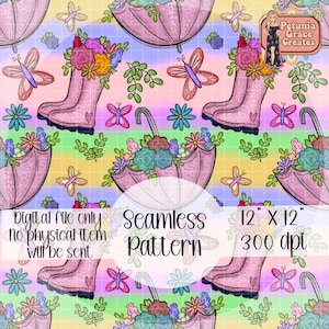 Puede incluir: Un patrón sin costuras con botas de lluvia rosas, paraguas, mariposas y flores sobre un fondo de arcoíris. Las botas y los paraguas están adornados con arreglos florales. El texto dice "Digital file only, Seamless Pattern, 30,48 cm X 30,48 cm, 300 dpi."