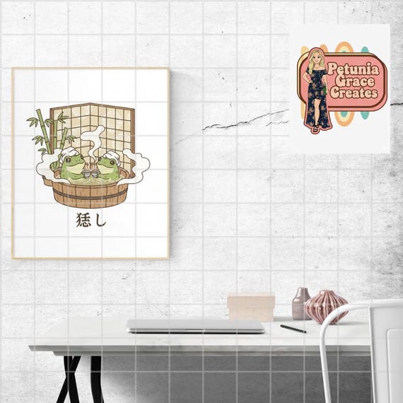 Kawaii Frog Onsen Art Print: Japanese Bathhouse Poster (digital
