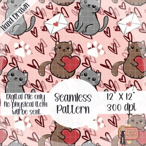 Op de afbeelding: Naadloos patroon met cartoonkatten, harten en enveloppen op een roze achtergrond. Het ontwerp bevat de tekst "Hand Drawn", "Digital file only no physical item will be sent", "Seamless Pattern", en "12" X 12" 300 dpi".