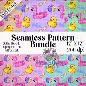 May include: A digital seamless pattern bundle featuring illustrations of pink flamingos, yellow rubber ducks, beach balls, and sunglasses. The text reads "Seamless Pattern Bundle" and "12" X 12" 300 dpi". The words "Hand Drawn" are also visible.
